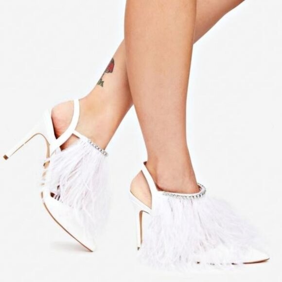 Vegan Ostrich Feather HeelsEncrusted Rhinestone Embellished White Pumps 8